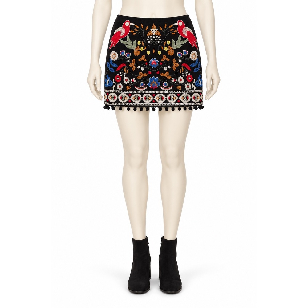 The Impeccable Pig Black Embroidered Bird Floral Pom Pom Mini Skirt Medium